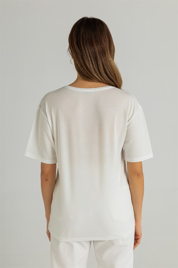 Leopar Desen Yazılı T-Shirt - BEYAZ