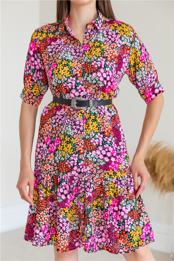 Mini Çiçek Desenli Gömlek Elbise - PEMBE