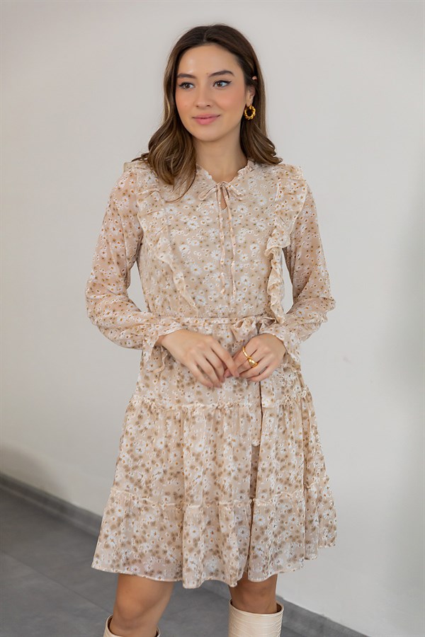 Mini Çiçekli Fırfırlı Elbise - KREM