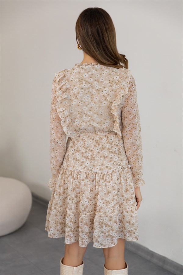 Mini Çiçekli Fırfırlı Elbise - KREM