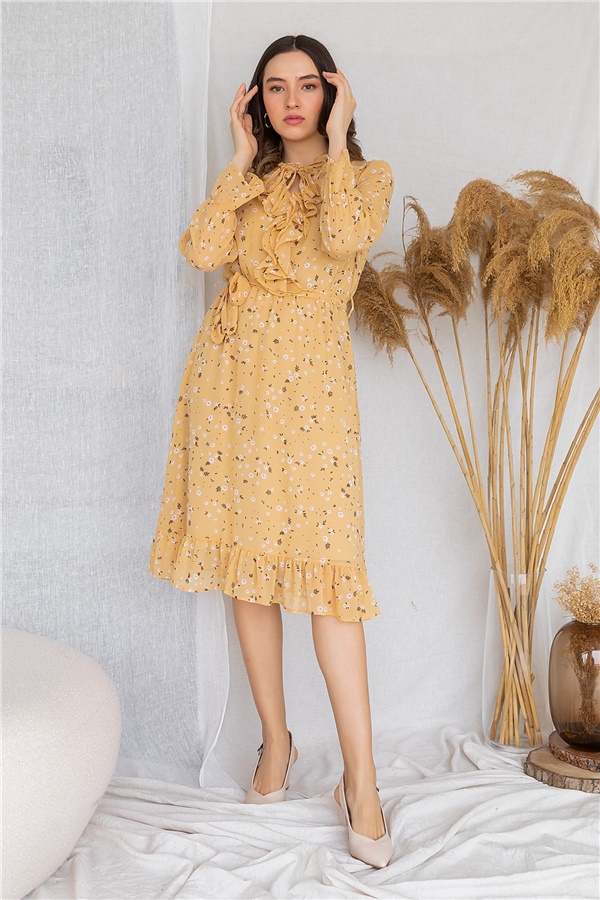 Mini Çiçekli Şifon Elbise - SARI