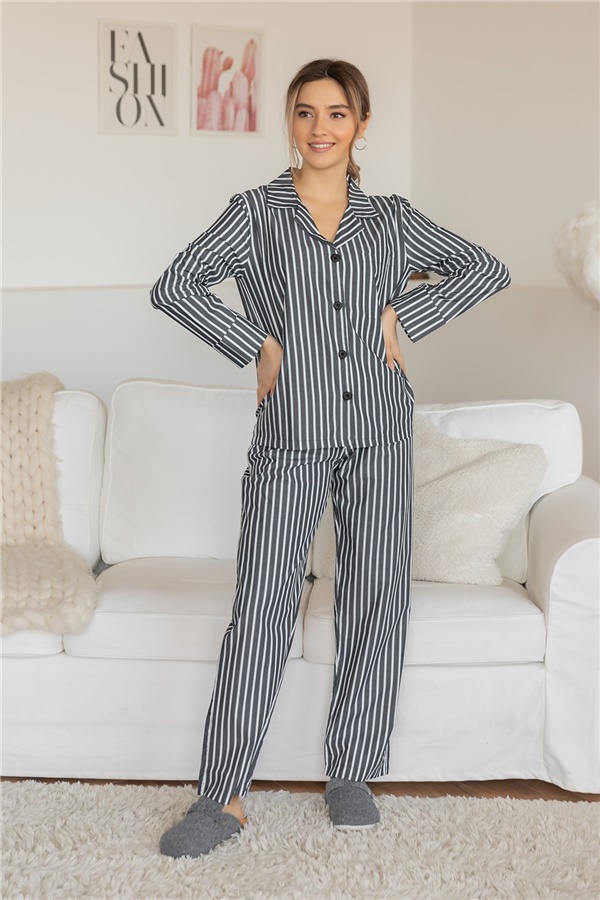 Şeritli Tek Cep Pijama Takımı - FÜME