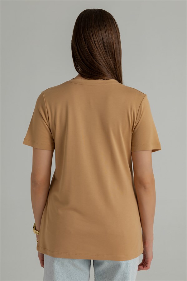 V Yaka Basic T-Shirt - CAMEL