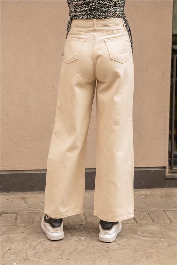 Yırtık Detay Bol Pantolon - BEJ