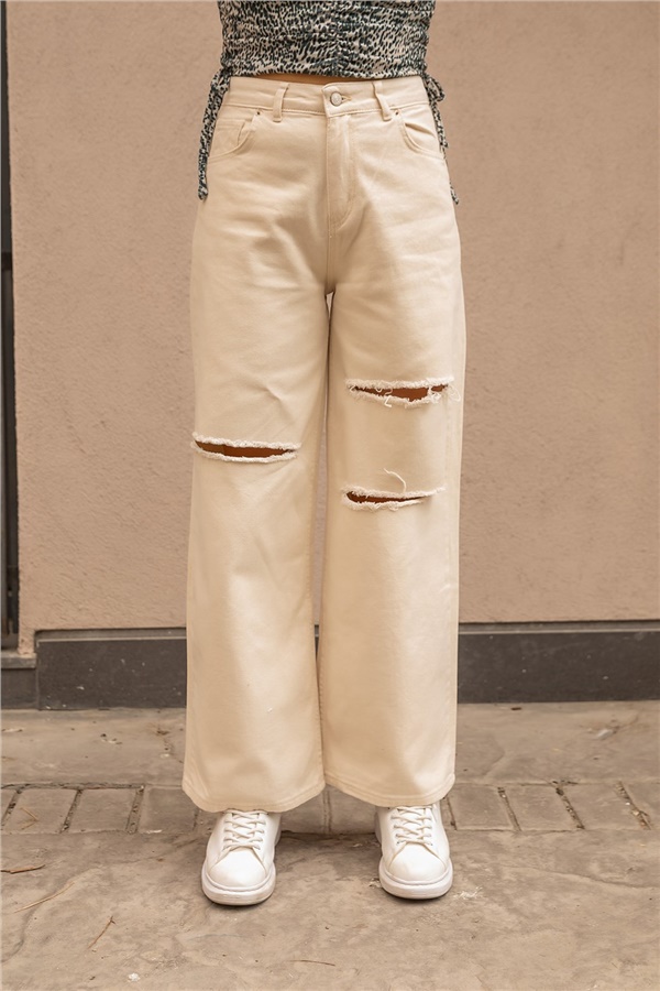 Yırtık Detay Bol Pantolon - BEJ