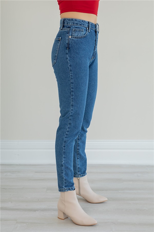 Yüksek Bel Relaxed Mom Jeans - MAVİ