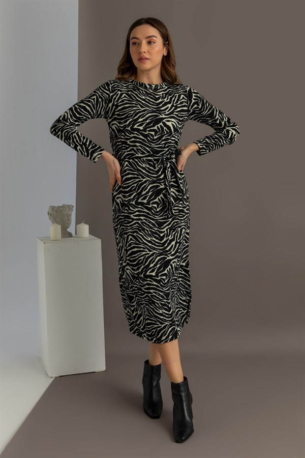Zebra Desen Uzun Kollu Elbise - SİYAH
