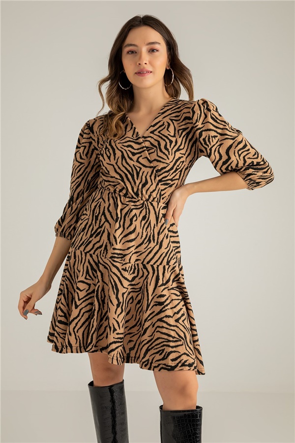 Zebra Desenli Kloş Elbise - CAMEL